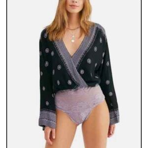 Intimately Free People On Board Black and Lavender Surplice Bodysuit Size Small